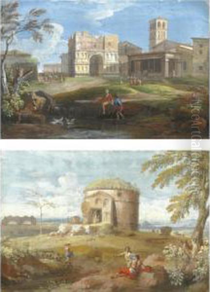 Veduta Con Arco Romano E Figure;paesaggio Romano Con Un Mausoleo - view 1