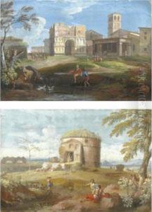 Veduta Con Arco Romano E Figure;paesaggio Romano Con Un Mausoleo by Jan Frans Van Bloemen (Orizzonte)