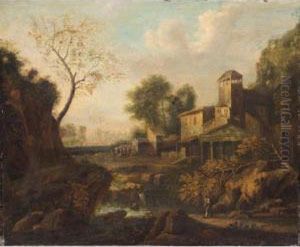Italianate Landscape With A Figure Beside A River And A Town Beyond by Jan Frans Van Bloemen (Orizzonte)