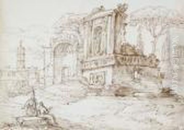 Roman Ruins With Figures Resting In The Foreground - view 1