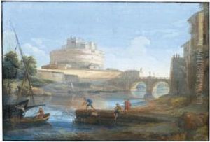 View Of Castel Sant' Angelo With Figures Fishing In The Tiber In The Foreground by Jan Frans Van Bloemen (Orizzonte)