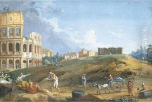 View Of The Colosseum With Travellers In The Foreground by Jan Frans Van Bloemen (Orizzonte)