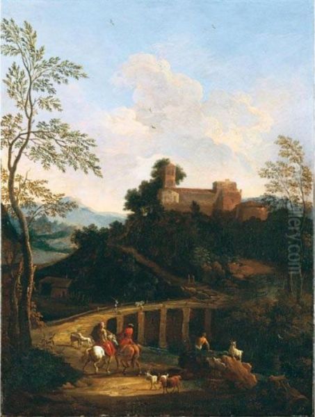Paesaggio Romano Nei Pressi Di Un Fiume Con Ponte E Cavalieri - view 1