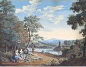 A Landscape With Figures Resting
By A River, A Tower To The Right And Buildings In The Background by Jan Frans Van Bloemen (Orizzonte)