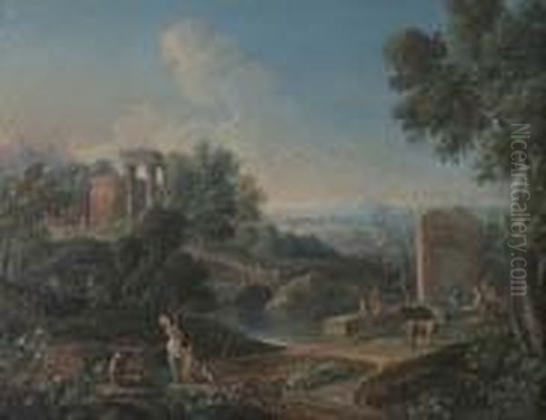 Paesaggio Fluviale Nei Dintorni Di Roma Con Fontana E Lavandaie - view 1