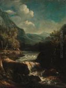 An Italianate Rocky River Landscape With Travellers On Atrack