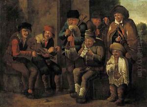 Vagabonds music-making by a stone wall, a landscape beyond by Andries Both