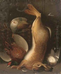 A hare, cock pheasant and woodcock, with a partridge in a basket by Benjamin Blake