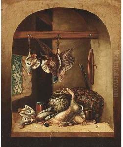 Game and a barrel of oysters in a larder by Benjamin Blake
