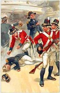 Nelson was struck down by a shot from the rigging by Gordon Frederick Browne