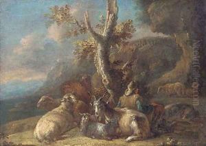 A mountain pass with a shepherd and his goats at rest by Domenico Brandi
