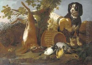 Spaniels, a porcupine, a hare and game in a landscape