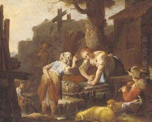 A shepherd piping to washerwomen at a stream before a cottage by Domenico Brandi