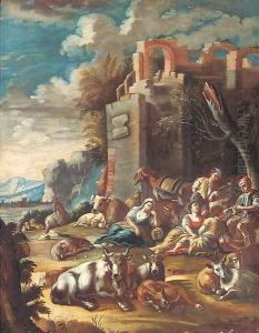 An Italianate landscape with peasants resting with cattle and sheep amongst ruins by Domenico Brandi