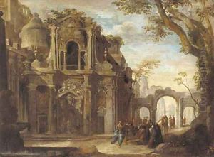 An architectural capriccio with Christ healing the sick by Francesco Battaglioli