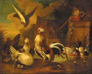 A hawk attacking a cockerel, with chickens by Francis Barlow
