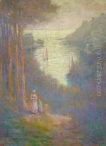 Mother And Small Child On A 
Cornish Coastal Path Atdusk, With Distant Boats In The Harbour