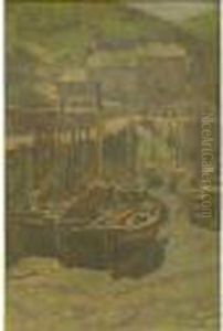 View Of Theinner Harbour At Polperro by Herbert E. Butler