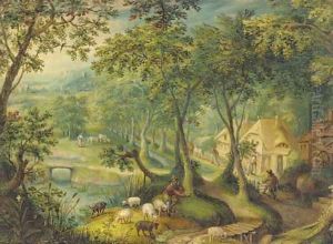 A wooded landscape with a shepherd and sheep on a track with figures before cottages beyond by Hans Bol