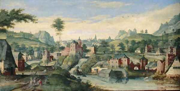 An extensive landscape with Abraham and the three Angels by Hans Bol