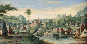 An extensive landscape with Abraham and the three Angels