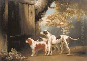 Three sporting dogs waiting for master by James Barenger