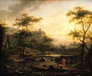A river landscape with a washerwoman and a herder resting by Jan Both
