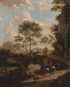 A rocky landscape with travellers on a path by Jan Both