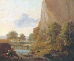 An Italianate landscape with muleteers fording a river, a sportsman in the distance by Jan Both