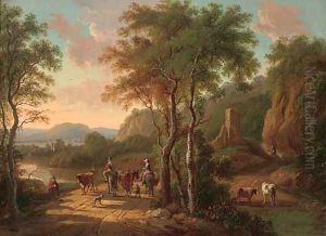 A mountainous landscape with travellers on a track by a river by Jan Both
