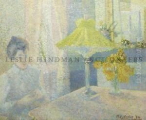 Lady Seated In Front Of A Table With Lamp And Vase Of Yellowflowers