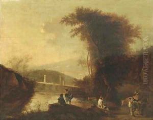 A mountainous river landscape with herdsmen and travellers on a path near a bridge by Jan Both