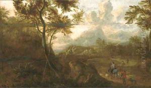 A wooded landscape with travellers on a path by Jan Both