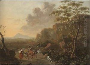 An Italianate mountainous landscape with herdsmen on a path by Jan Both