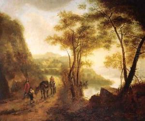 Travellers on a path overlooking a valley in an Italianate landscape Travellers on a path overlooking a valley in an Italianate landscape