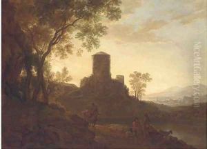 A mountainous wooded river landscape with travellers resting on a river bank by Jan Both