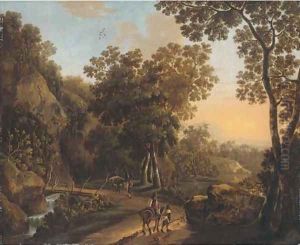 A wooded landscape with travellers on a hillside track by Jan Both