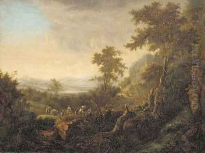 An extensive river landscape with travellers on a hillside path by Jan Both