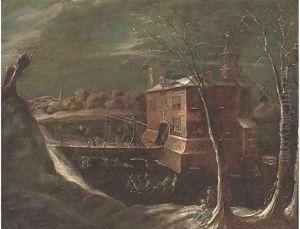 A moonlit winter landscape with skaters on a frozen lake, a mansion beyond