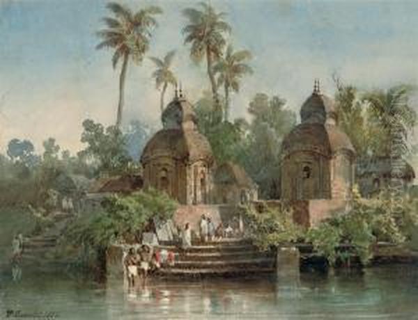 An Indian Village On The Banks Of A River With Figures Washing At The Ghats - view 1