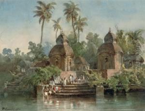 An Indian Village On The Banks Of A River With Figures Washing At The Ghats