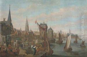 A view of Antwerp with elegant company on a quay by Joseph van Bredael
