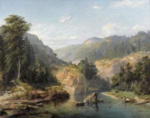 Flusslandschaft Im Gebirge Mit Fischerbooten. by Abraham Louis Buvelot