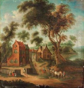 A wooded landscape with figures and a horse and cart before a hamlet