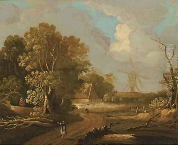 A wooded landscape with travellers on a track, a windmill beyond - view 1