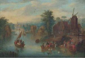 A riverside town with peasants crossing a river