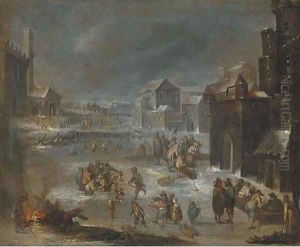 A village with peasants playing skittles and drinking; and A winter landscape with skaters