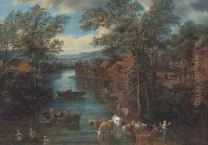 A wooded river landscape with fisherman and peasants on a track by Joseph van Bredael