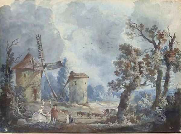 Figures in a stormy landscape with windmills; and Figures in a landscape with a donkey drinking at a fountain - view 1