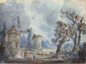 Figures in a stormy landscape with windmills; and Figures in a landscape with a donkey drinking at a fountain by Louis Nicolael van Blarenberghe